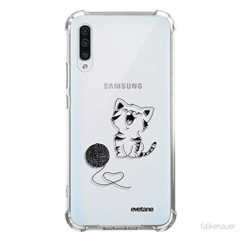 Evetane Fodral, kompatibelt med Samsung Galaxy A50, silikon, stötsäkra mynt, solida, fullständigt skydd, resistent, transparent, katt och ull, skriftsmönster, trendig 3662219811234