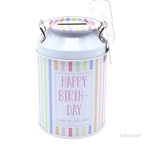 Dekohelden24 Metall sparbössa mjölkkanna motiv: Happy Birthday, med ordspråk, mått L/B/H: ca 12 x 8 cm 4250905185319
