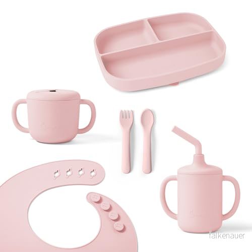 Ergobaby Deluxe barnservis för spädbarn och småbarn från 6 månader, med 2 koppar, bricka, haklapp bestick, utan BPA, PVC ftalater, Blush Pink 1220000206496