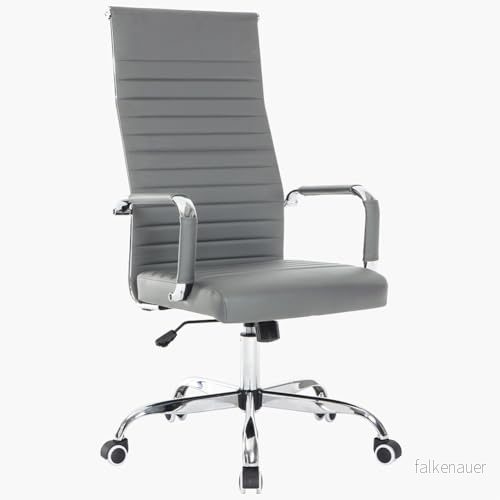 BAKAJI Ergonomisk kontorsstol i läder med högt ryggstöd och ländryggsstöd, svängbar skrivbordsstol justerbar höjd 360 svängbara hjul, bas 64,5 cm krom (grå) 8054143039115