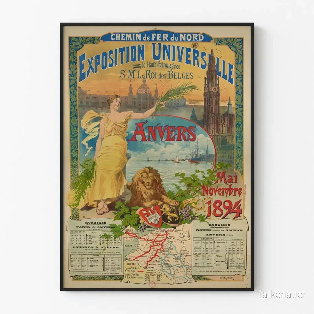 Vintageposter Chemin de Fer du Nord Världsutställning Antwerpen 1894