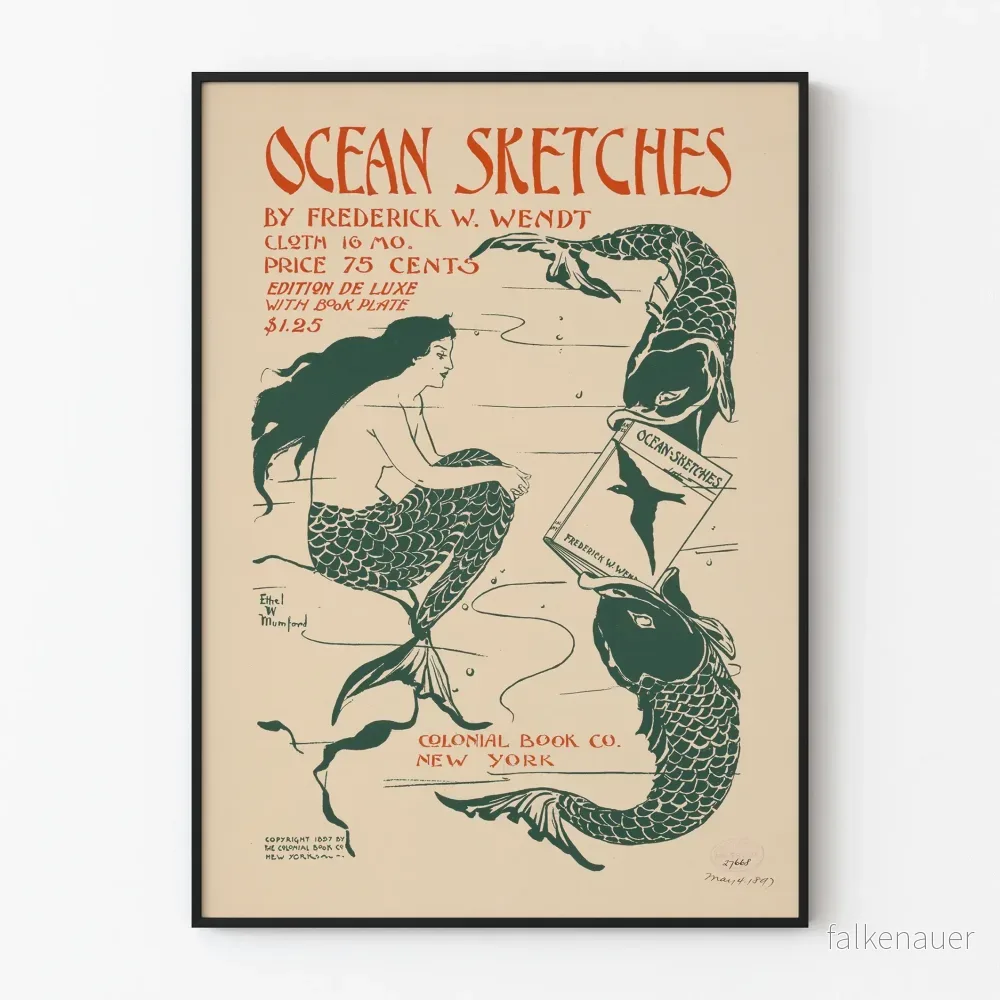 Vintageposter Ocean Sketches - Illustration av sjöjungfru och fiskar