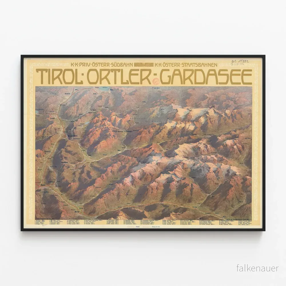 Poster Vintage-karta Tirol Ortler Gardasjön - Väggdekoration Berglandskap
