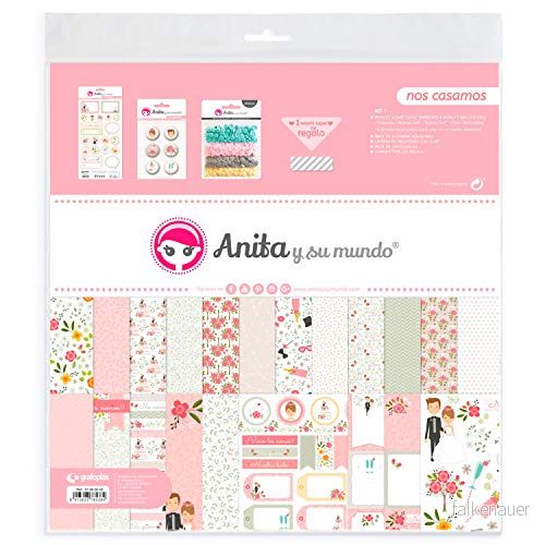 Anita och Su Mundo Collection We Marry Kit Scrapbooking, 13 tryckta papper, klistermärken, tallrikar, paljetter, pastell, washitejp, flerfärgad, 30 x cm 8413623785384