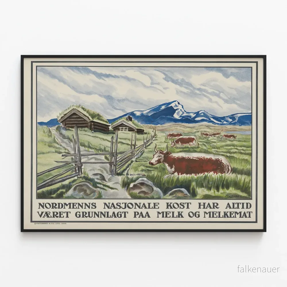 Dekorativ poster med ko och skandinaviskt landskap vintage