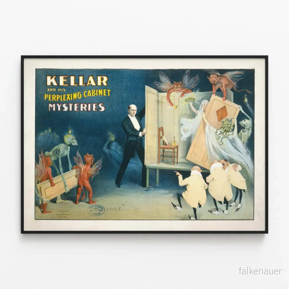 Vintageposter av Kellar och dess mysterier i kabinetten