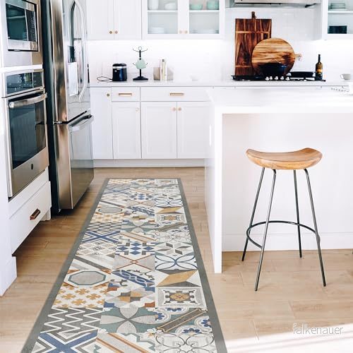 CREARREDA Köksmatta Cement Tiles 240 x 50 cm halkfri och tvättbar vinyl kökslöpare i vinyl, 100% Tillverkad Italien Deluxe Line 8053178680071