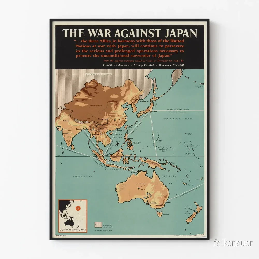 Vintageaffisch Kriget mot Japan - Strategikarta Asien-Stillahavsområdet
