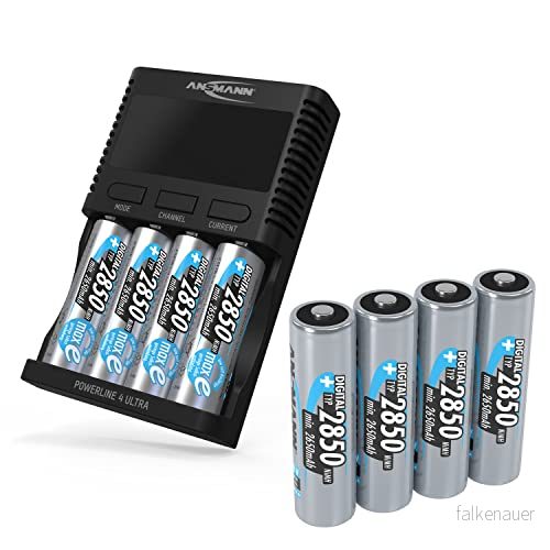 ANSMANN Powerline 4 Ultra batteriladdare för AA/AAA/C/D NiMH batterier och Li Ion runda celler 18650/26650 med laddningsprogram inkl. 8 x AA2850 batterier, snabbladdare 4013674191529