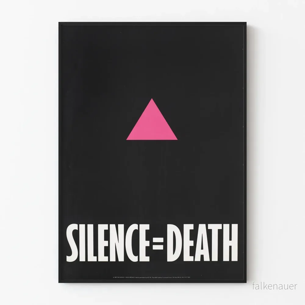 Poster Silence = Death med rosa triangel på svart bakgrund